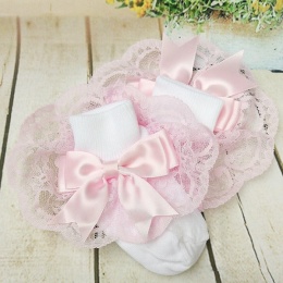 Girls White & Pink Large Satin Bow Lace Socks